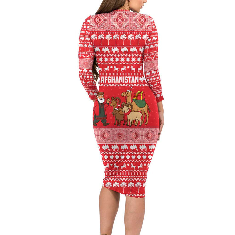 Afghanistan Christmas With Santa Camels Sheep Traditional Pattern And Festive Design Long Sleeve Bodycon Dress