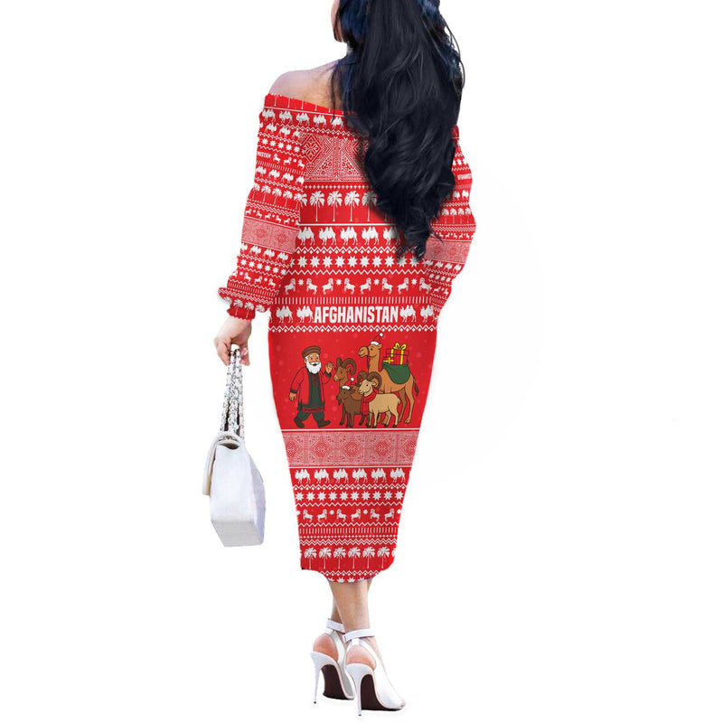 Afghanistan Christmas With Santa Camels Sheep Traditional Pattern And Festive Design Off The Shoulder Long Sleeve Dress