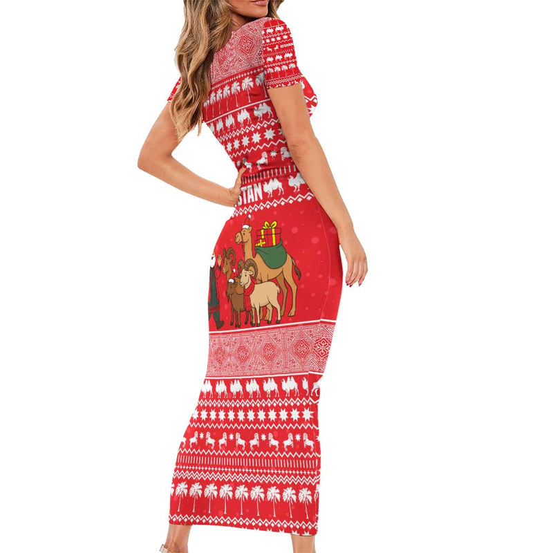 Afghanistan Christmas With Santa Camels Sheep Traditional Pattern And Festive Design Short Sleeve Bodycon Dress