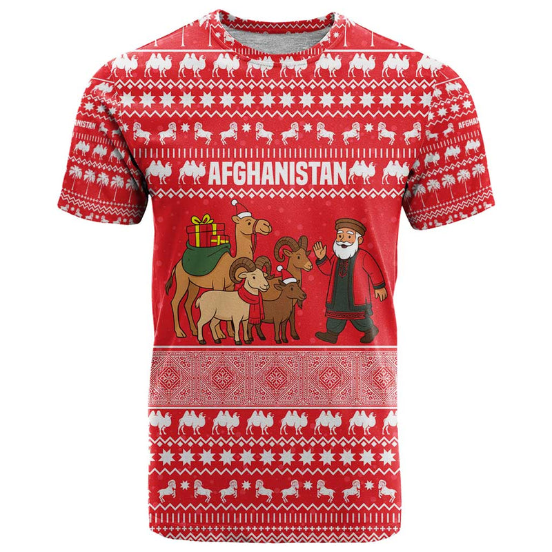 Afghanistan Christmas With Santa Camels Sheep Traditional Pattern And Festive Design T Shirt