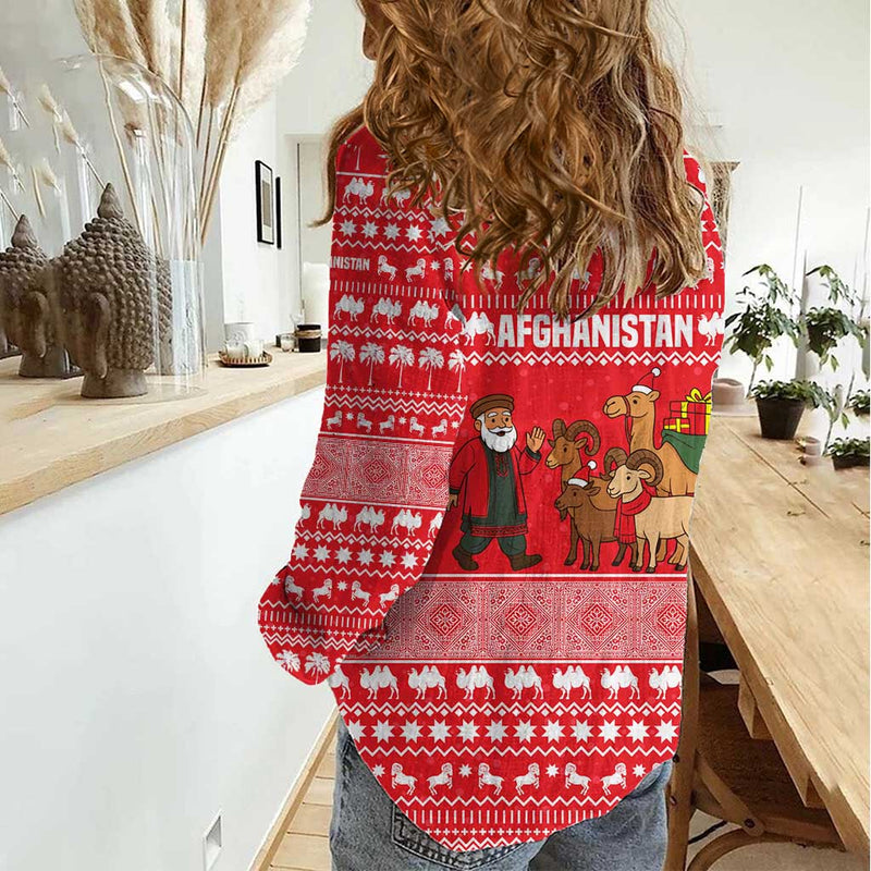 Afghanistan Christmas With Santa Camels Sheep Traditional Pattern And Festive Design Women Casual Shirt