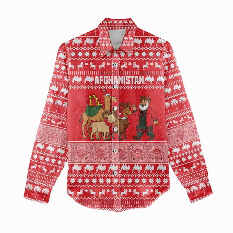 Afghanistan Christmas With Santa Camels Sheep Traditional Pattern And Festive Design Women Casual Shirt