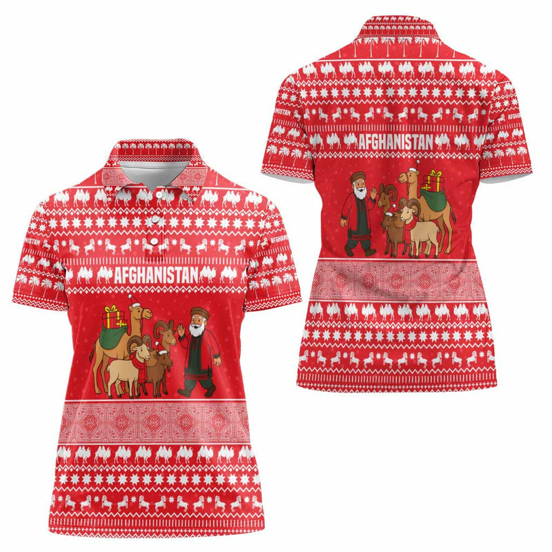 Afghanistan Christmas With Santa Camels Sheep Traditional Pattern And Festive Design Women Polo Shirt
