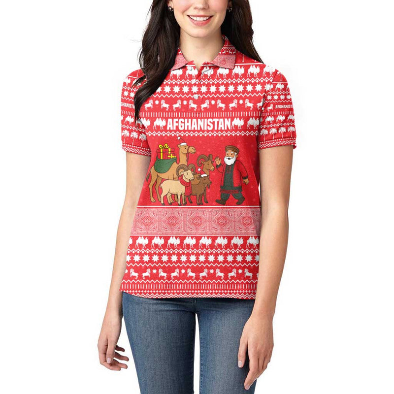 Afghanistan Christmas With Santa Camels Sheep Traditional Pattern And Festive Design Women Polo Shirt