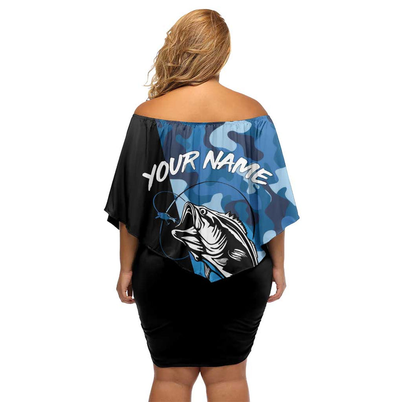 Custom Blue Camo Bass Fishing Fishing Rod Graphic Design Off Shoulder Short Dress