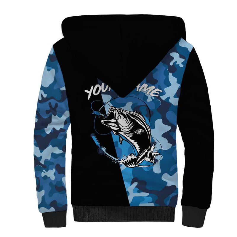Custom Blue Camo Bass Fishing Fishing Rod Graphic Design Sherpa Hoodie