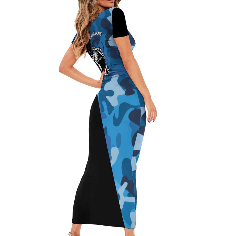 Custom Blue Camo Bass Fishing Fishing Rod Graphic Design Short Sleeve Bodycon Dress