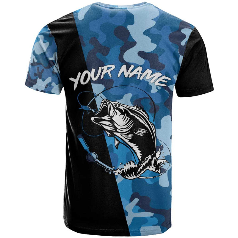 Custom Blue Camo Bass Fishing Fishing Rod Graphic Design T Shirt