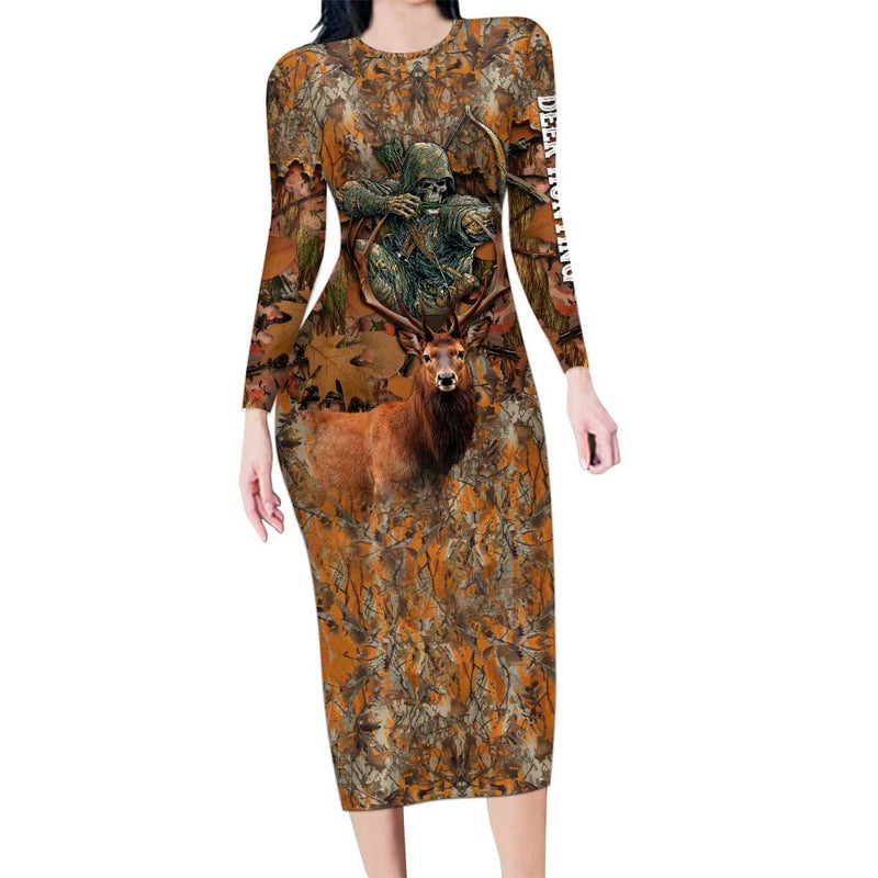 Custom Deer Hunting Big Game Camo Forest Design And Skeleton Archer Long Sleeve Bodycon Dress