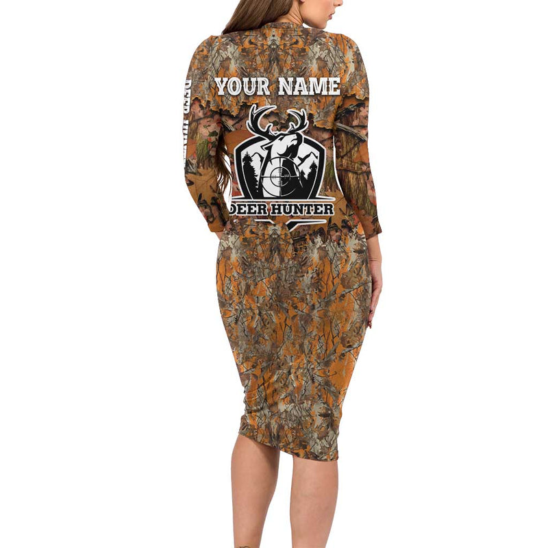 Custom Deer Hunting Big Game Camo Forest Design And Skeleton Archer Long Sleeve Bodycon Dress