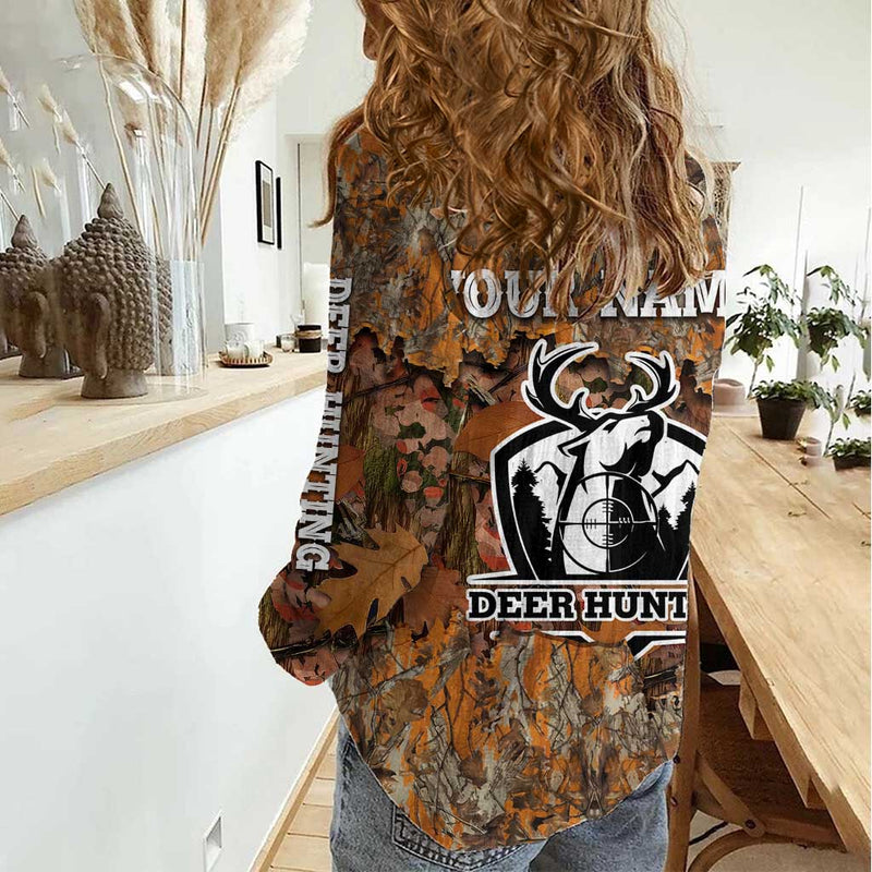 Custom Deer Hunting Big Game Camo Forest Design and Skeleton Archer Women Casual Shirt