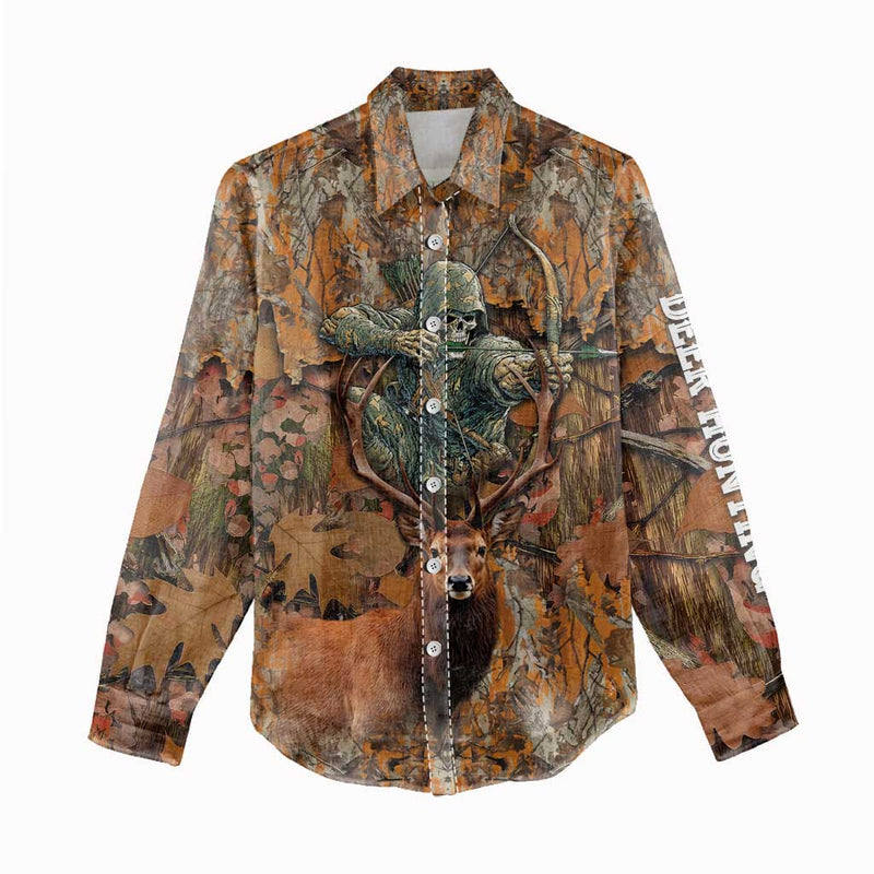 Custom Deer Hunting Big Game Camo Forest Design and Skeleton Archer Women Casual Shirt