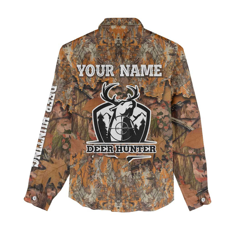 Custom Deer Hunting Big Game Camo Forest Design and Skeleton Archer Women Casual Shirt