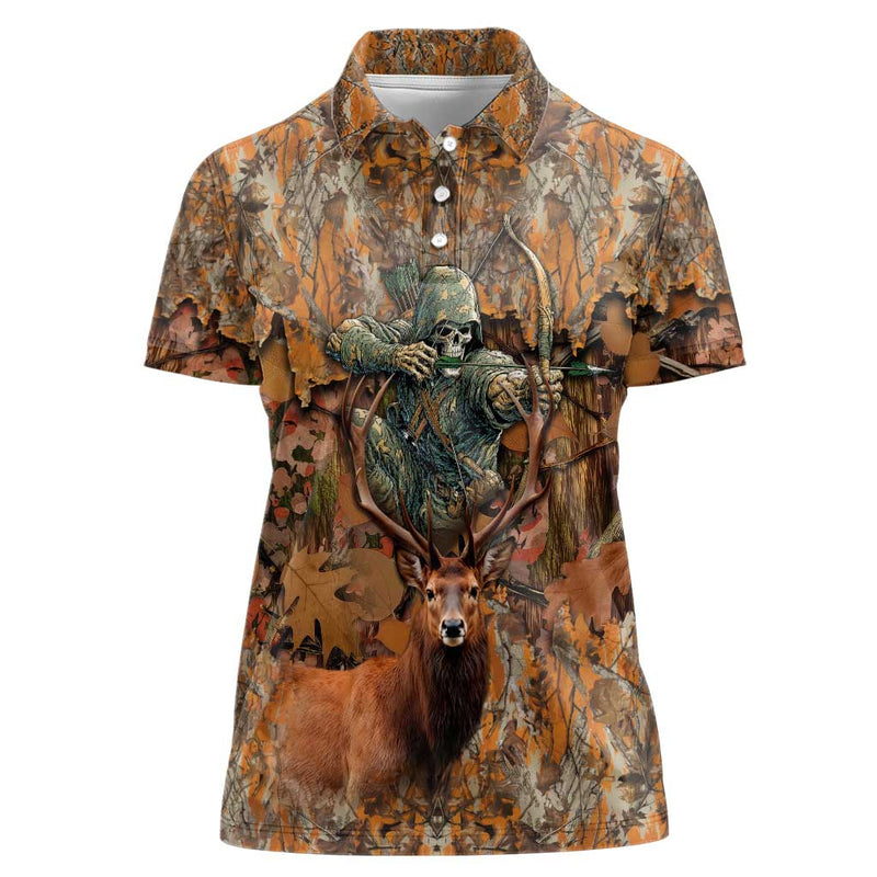 Custom Deer Hunting Big Game Camo Forest Design and Skeleton Archer Women Polo Shirt