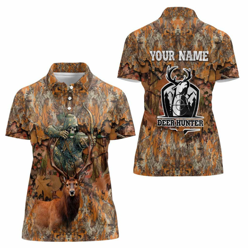 Custom Deer Hunting Big Game Camo Forest Design and Skeleton Archer Women Polo Shirt