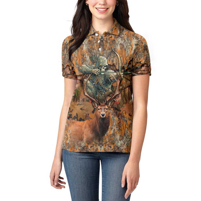 Custom Deer Hunting Big Game Camo Forest Design and Skeleton Archer Women Polo Shirt