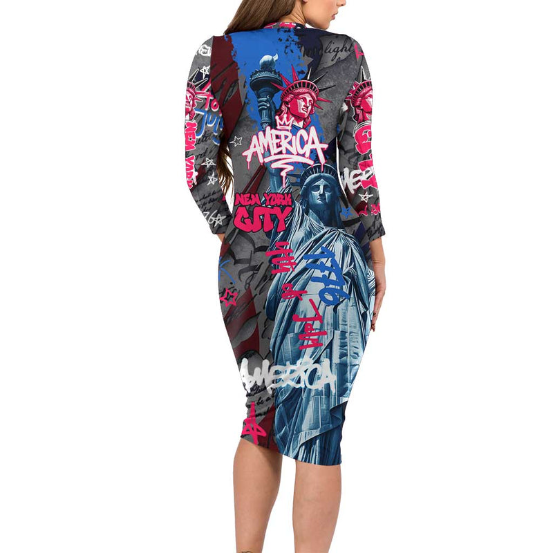 4th Of July Graffiti With Statue Of Liberty And American Independence Street Art Design Long Sleeve Bodycon Dress