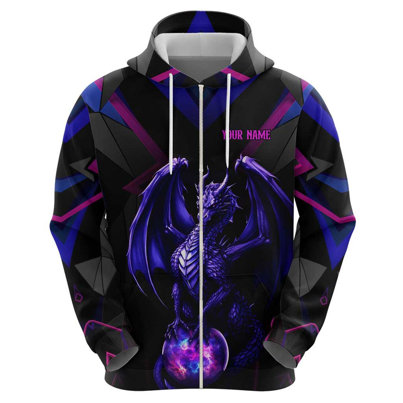 Custom Black And Purple Dragon Bowling Magic Orb Graphic on Geometric Black Background Design Hoodie