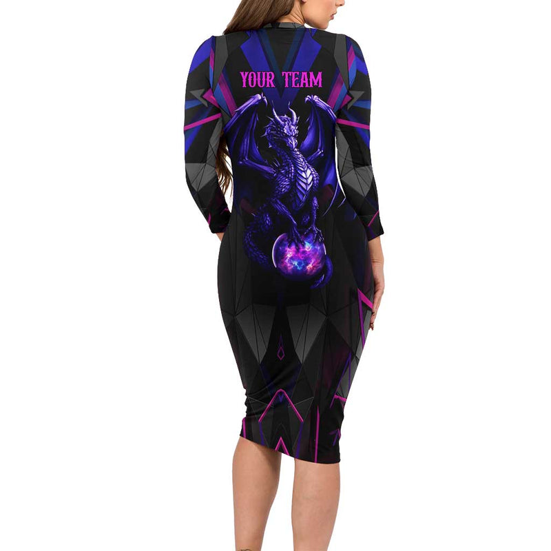 Custom Black And Purple Dragon Bowling Magic Orb Graphic On Geometric Black Background Design Long Sleeve Bodycon Dress