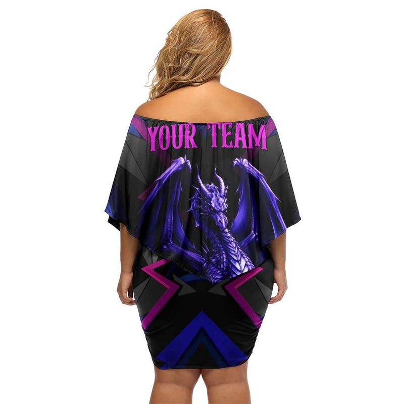 Custom Black And Purple Dragon Bowling Magic Orb Graphic On Geometric Black Background Design Off Shoulder Short Dress