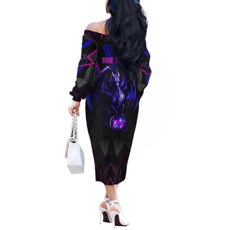 Custom Black And Purple Dragon Bowling Magic Orb Graphic On Geometric Black Background Design Off The Shoulder Long Sleeve Dress