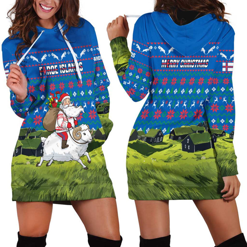 Faroe Islands Christmas With Santa Riding Sheep Grass Roof Houses And Blue Nordic Pattern Design Hoodie Dress
