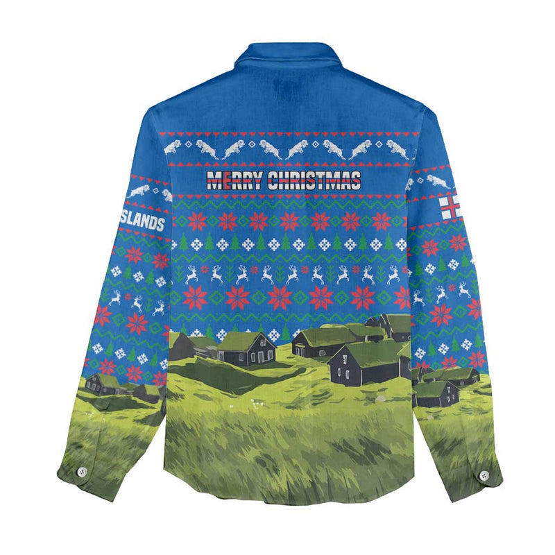 Faroe Islands Christmas With Santa Riding Sheep Grass Roof Houses And Blue Nordic Pattern Design Women Casual Shirt