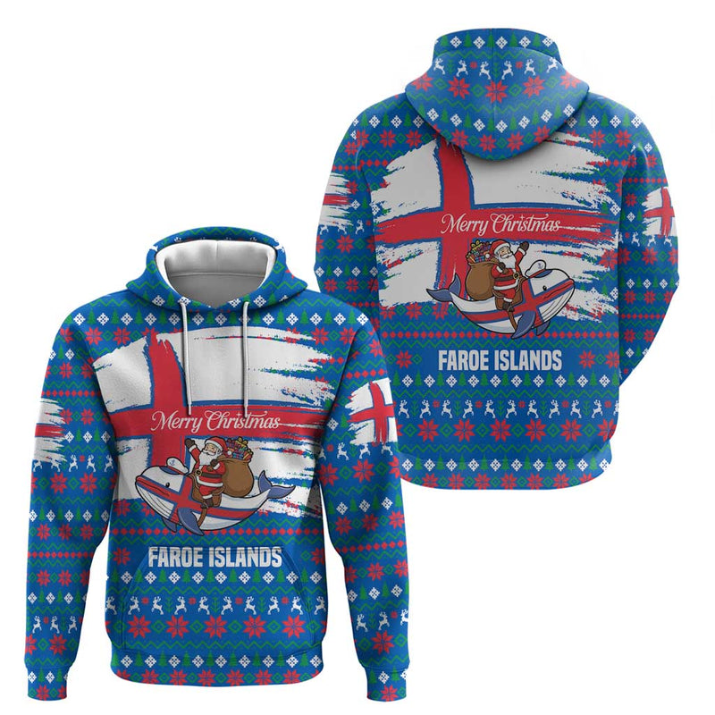 Faroe Islands Christmas With Santa Riding Whale Faroe Flag And Blue Nordic Winter Pattern Design Hoodie