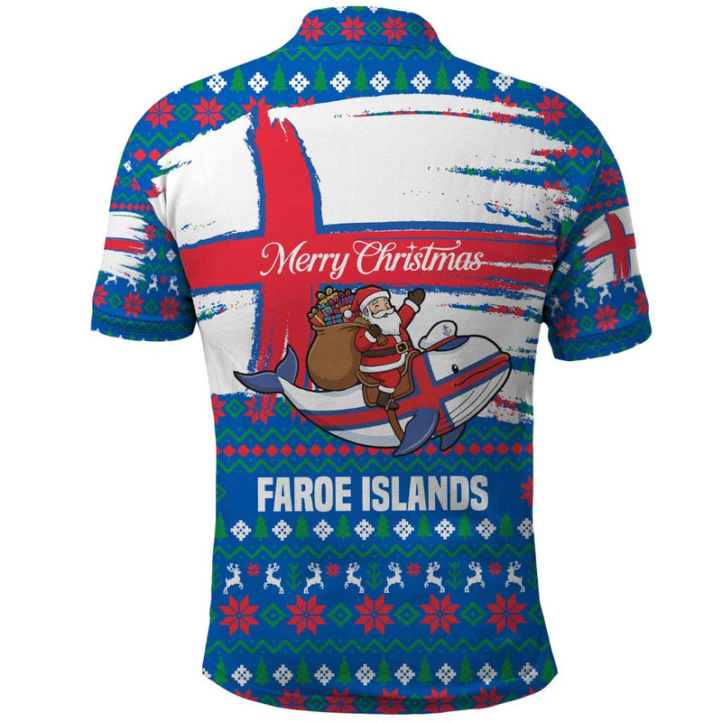 Faroe Islands Christmas With Santa Riding Whale Faroe Flag And Blue Nordic Winter Pattern Design Polo Shirt