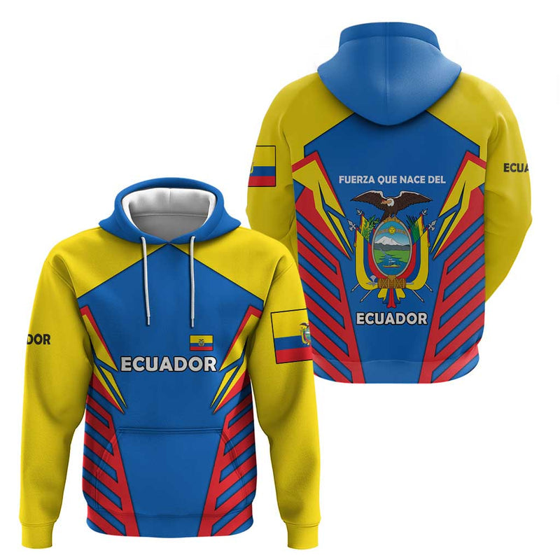 Ecuador Hoodie with Coat of Arms and Bold Stripe Design
