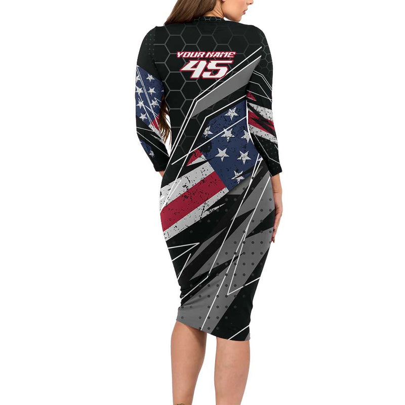 Custom Bike Shirt Racing Motocross American Flag And Black Hexagon Lightning Graphic Design Long Sleeve Bodycon Dress