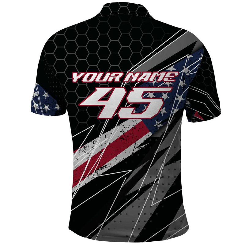 Custom Bike Shirt Racing Motocross American Flag and Black Hexagon Lightning Graphic Design Polo Shirt