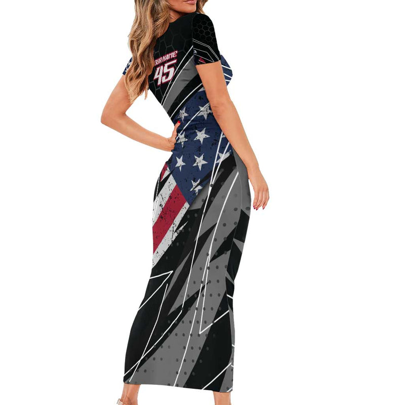 Custom Bike Shirt Racing Motocross American Flag And Black Hexagon Lightning Graphic Design Short Sleeve Bodycon Dress