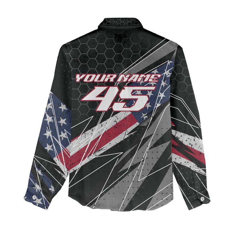 Custom Bike Shirt Racing Motocross American Flag and Black Hexagon Lightning Graphic Design Women Casual Shirt