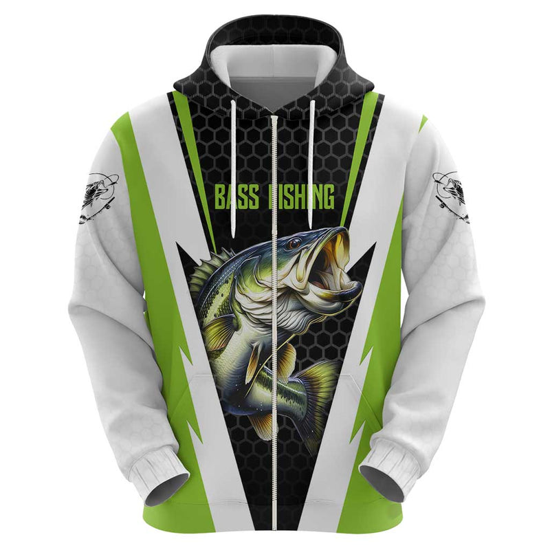 Custom Bass Fishing Jumping Fish Graphic and Green Black Honeycomb Hoodie