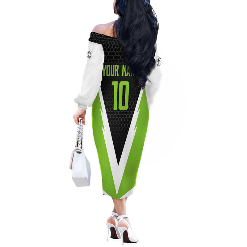 Custom Bass Fishing Jumping Fish Graphic And Green Black Honeycomb Off The Shoulder Long Sleeve Dress