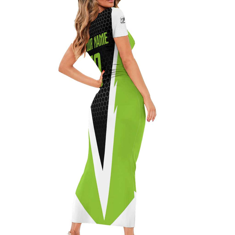 Custom Bass Fishing Jumping Fish Graphic And Green Black Honeycomb Short Sleeve Bodycon Dress