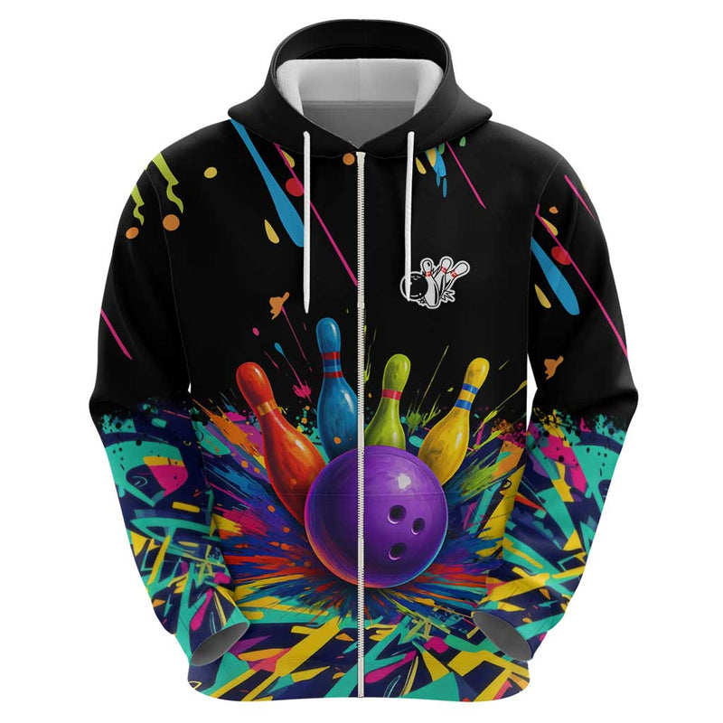 Custom Bowling Strike Design Colorful Pins and Purple Ball in Abstract Splatter Art Style Hoodie