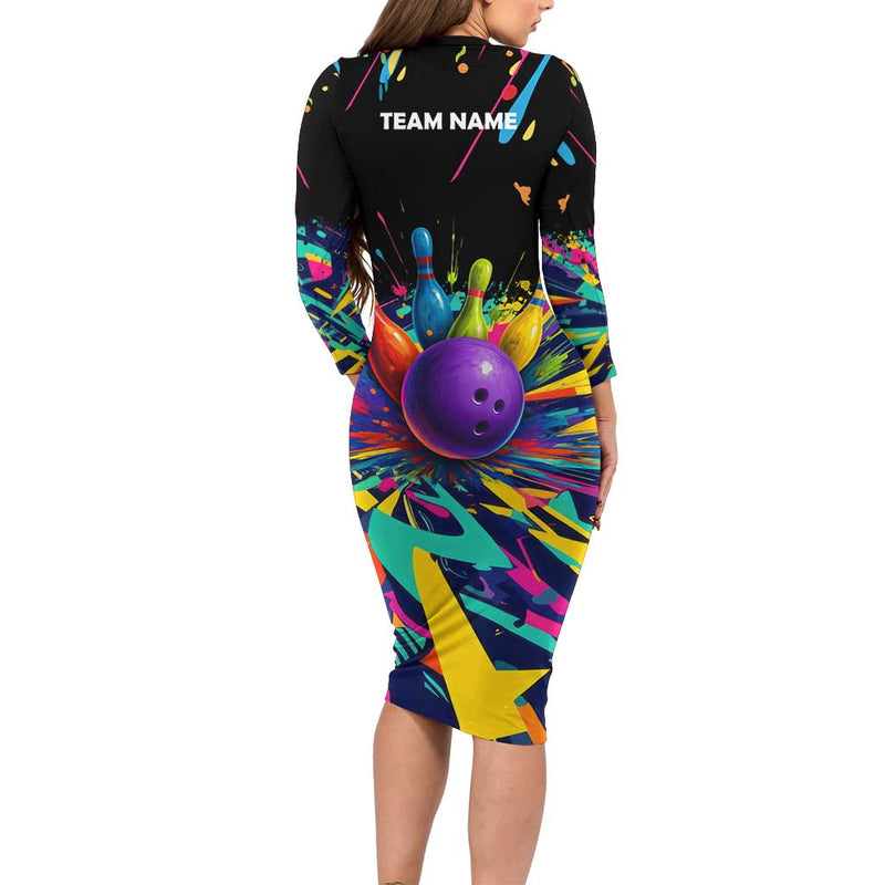 Custom Bowling Strike Design Colorful Pins And Purple Ball In Abstract Splatter Art Style Long Sleeve Bodycon Dress