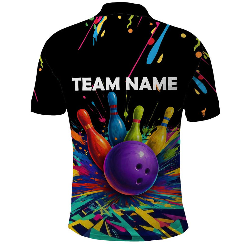 Custom Bowling Strike Design Colorful Pins and Purple Ball in Abstract Splatter Art Style Polo Shirt