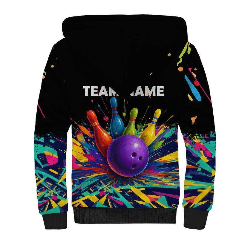 Custom Bowling Strike Design Colorful Pins and Purple Ball in Abstract Splatter Art Style Sherpa Hoodie