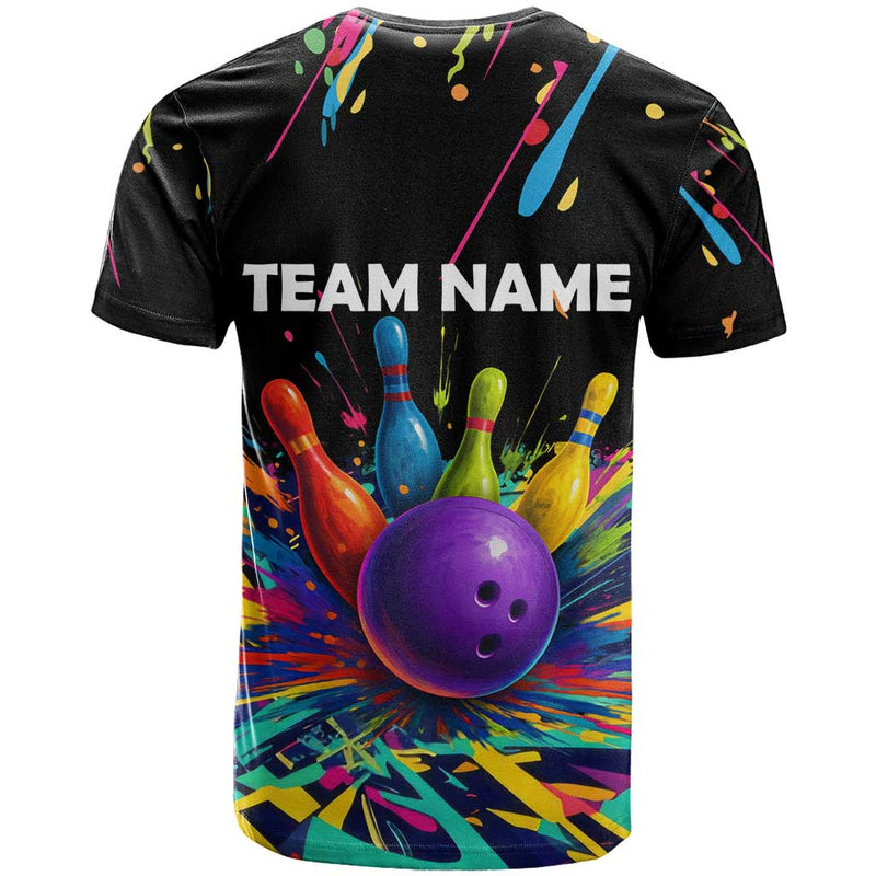 Custom Bowling Strike Design Colorful Pins and Purple Ball in Abstract Splatter Art Style T Shirt