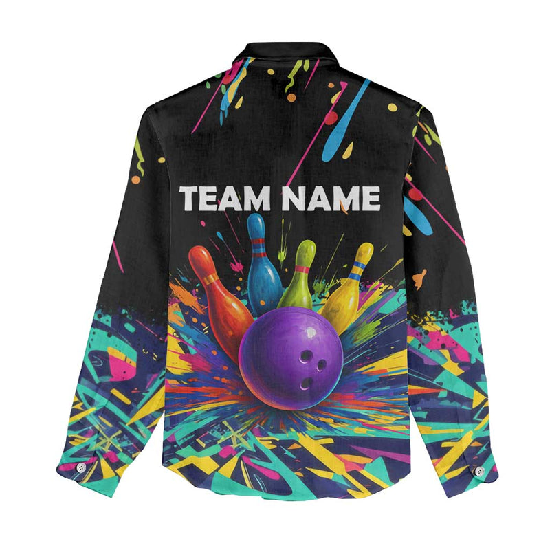 Custom Bowling Strike Design Colorful Pins and Purple Ball in Abstract Splatter Art Style Women Casual Shirt