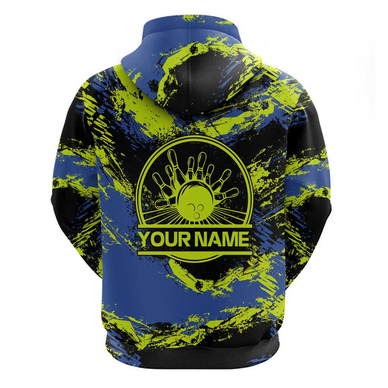 Abstract Blue and Yellow Bowling Ball Strike Design with Custom Name Print Hoodie