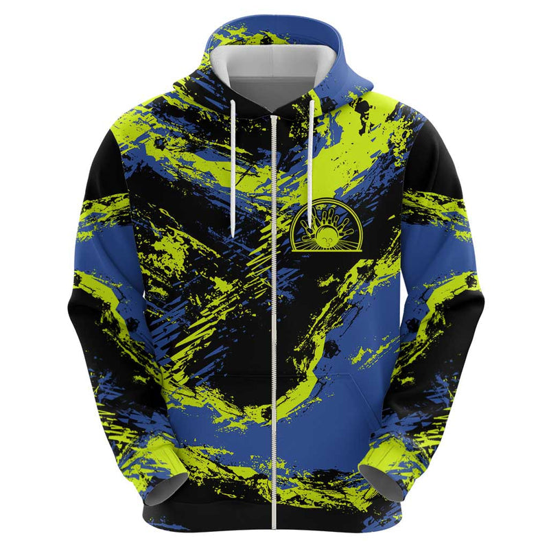 Abstract Blue and Yellow Bowling Ball Strike Design with Custom Name Print Hoodie