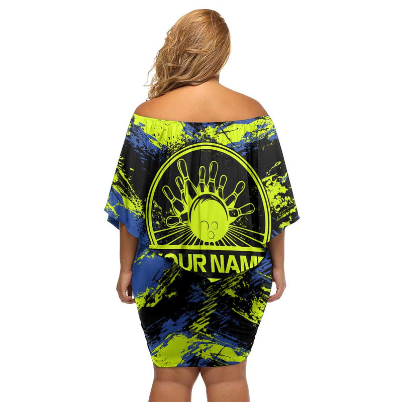 Abstract Blue And Yellow Bowling Ball Strike Design With Custom Name Print Off Shoulder Short Dress