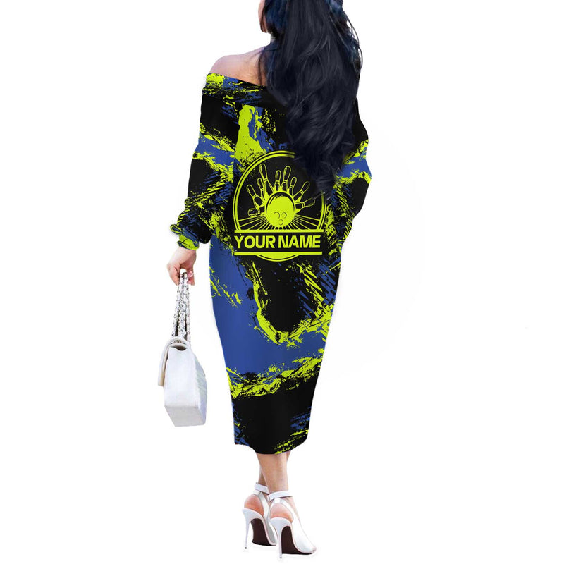 Abstract Blue And Yellow Bowling Ball Strike Design With Custom Name Print Off The Shoulder Long Sleeve Dress