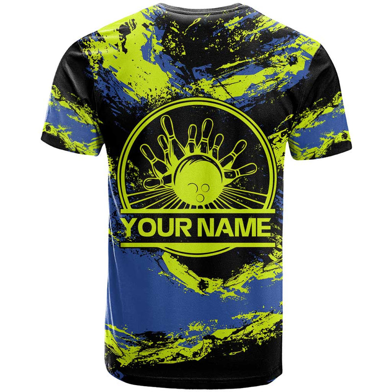 Abstract Blue and Yellow Bowling Ball Strike Design with Custom Name Print T Shirt