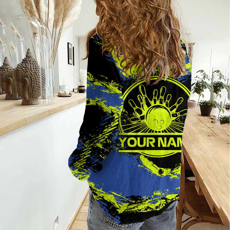 Abstract Blue and Yellow Bowling Ball Strike Design with Custom Name Print Women Casual Shirt