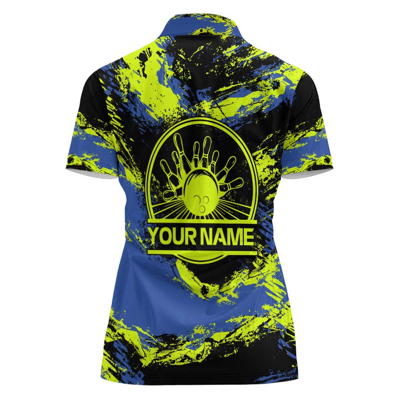 Abstract Blue and Yellow Bowling Ball Strike Design with Custom Name Print Women Polo Shirt